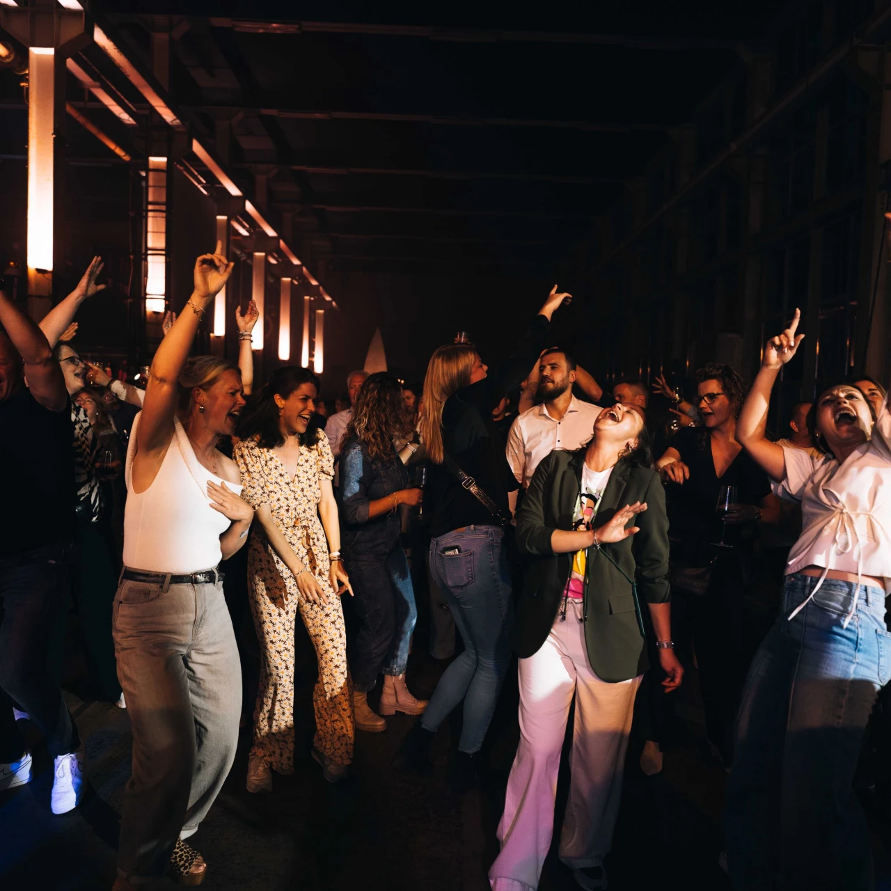 meerdere personen die aan het feesten, zingen en dansen zijn op de dansvloer