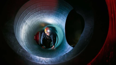 man in besloten ruimte met helm en lamp op hoofd